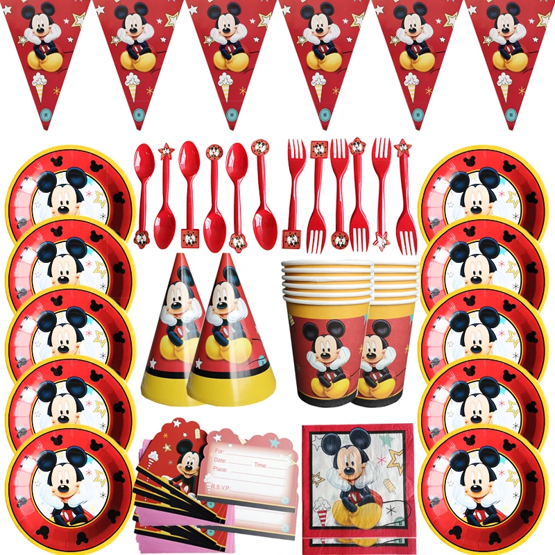 Disney-suministros de fiesta de cumpleaños de Mickey Mouse para niños, plato y vaso de papel, pajitas, banderas, soplado, vajilla desechable para Baby Shower