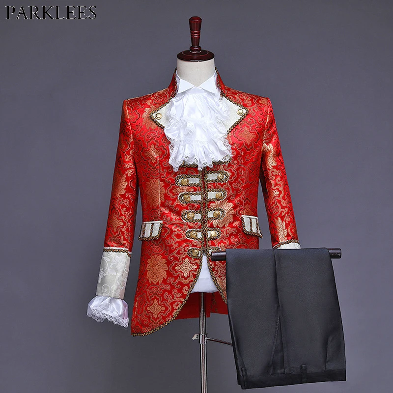 Mens Classic Fashion Five-Piece Set Suit (Jacket+Pants+Vest+White Collar+Sleeve Flowers) Palace Court Prince Cosplay Costume Red | Мужская