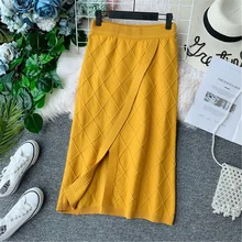 Новая женская осенняя и зимняя трикотажная юбка средней длины с высокой талией, тонкая юбка с разрезом