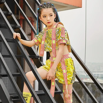 

Children'S Jazz Dance Costumes Summer Girls Hip Hop Stage Wear Kids Practice Street Dance Set Sequin Tops+Shorts 2 Pieces DL4276