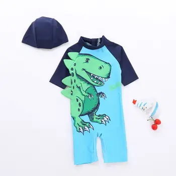 

Anti-UV Swimsuit With Dinosaur Printed Green Swimming Cap Short Sleeve Quick Dry Children Baby Boys Jumpsuit Diving Jersey CORB