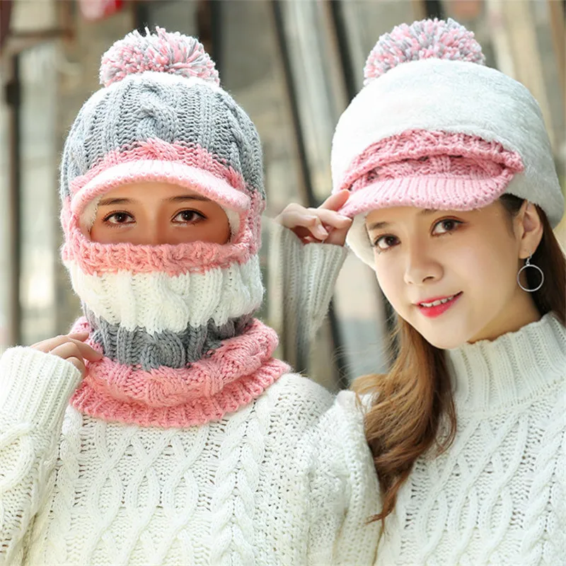 

New Skullies Beanies Women Knitted Hat Scarf Female Winter Hats Pom Poms Bonnet Warm Balaclava Mask Multi-Color Beanie Cap