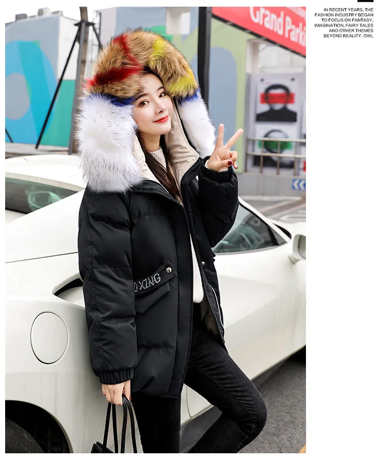 Одежда на Хлопчатобумажной Подкладке/хлопковое пальто, модное элегантное пальто с капюшоном, осень и зима, тренд с длинным рукавом, средней длины, цветной меховой воротник