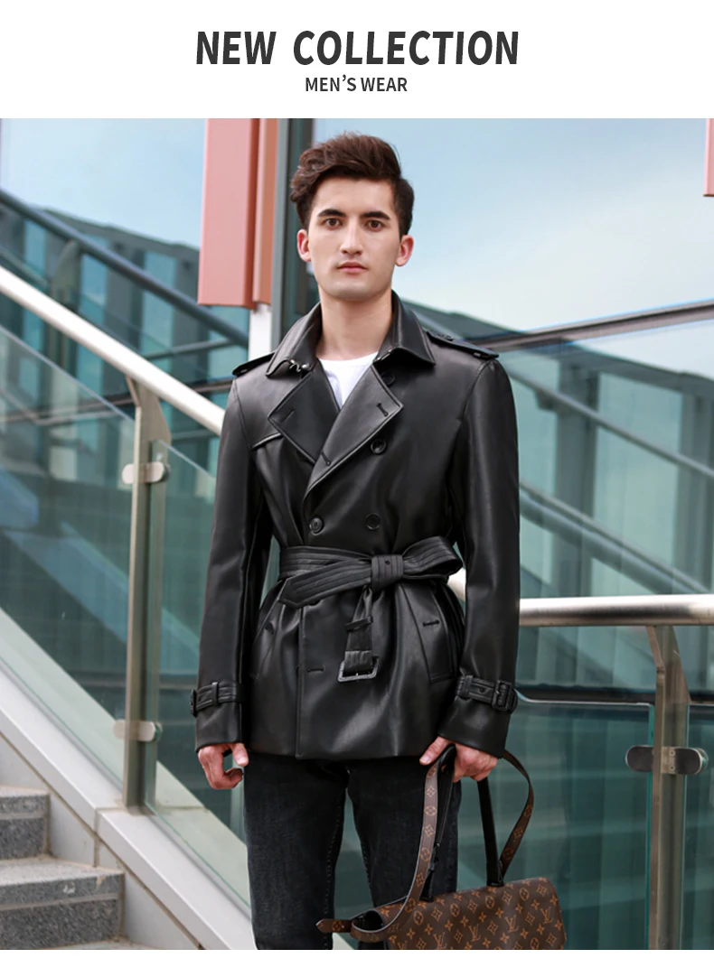 Leather windbreaker men's double breasted short men's leather jacket British handsome youth trend thickened wool inner coat men