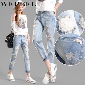 

WEPBEL Fashion Women Holes Ripped Washed Casual Ladies Long Denim Jeans Pants