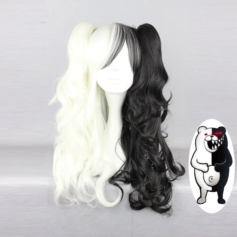 

Danganronpa Monokuma Women Long Ponytails Curly Wig Cosplay Costume White Black Mix Heat Resistant Synthetic Hair Wigs + Wig Cap