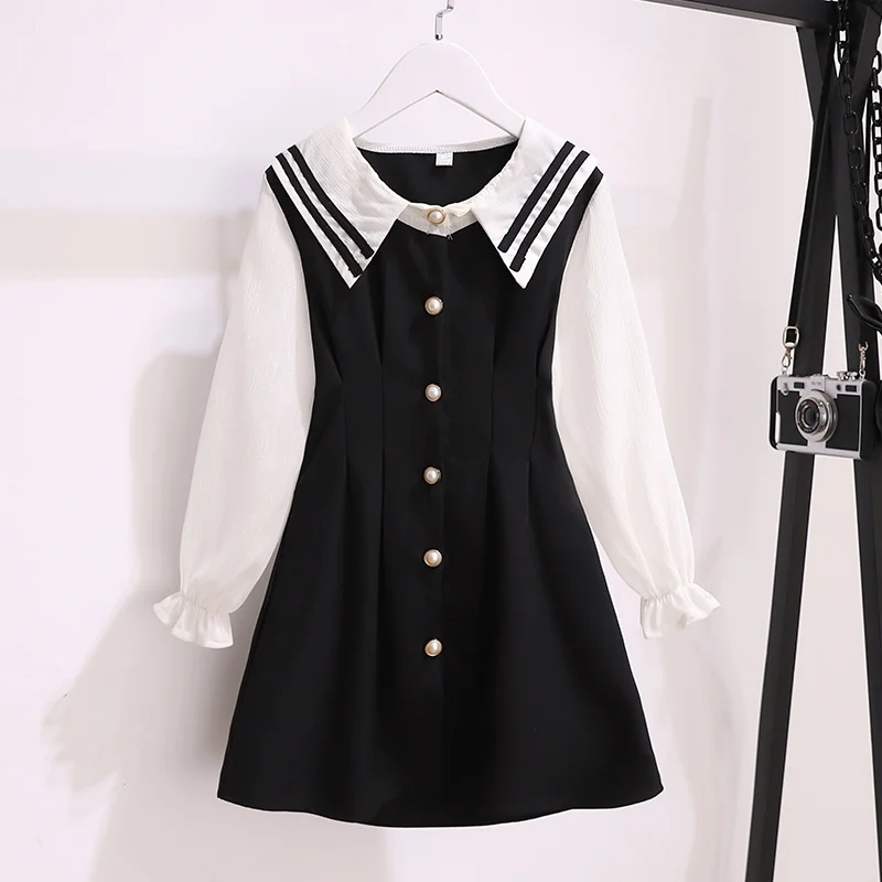 女童学院风连衣裙秋装新款童装中大童洋气长袖儿童海军领公主裙子_1