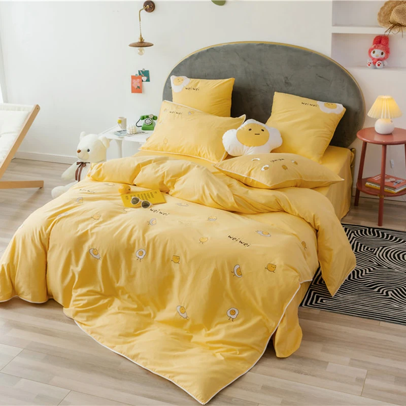 

Princess Style Pure Cotton 4pcs Duvet Cover Bed Sheet Pillowcases Embroidery Solid Yellow Ruby Mint Green Soft Bed Set