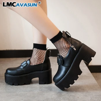 

LMCAVASUN New Stylish Round Toe Hollow Out Women Female High Chunky Heels Flange Bottom Casual Ankle Buckle Pumps Sandals Boots