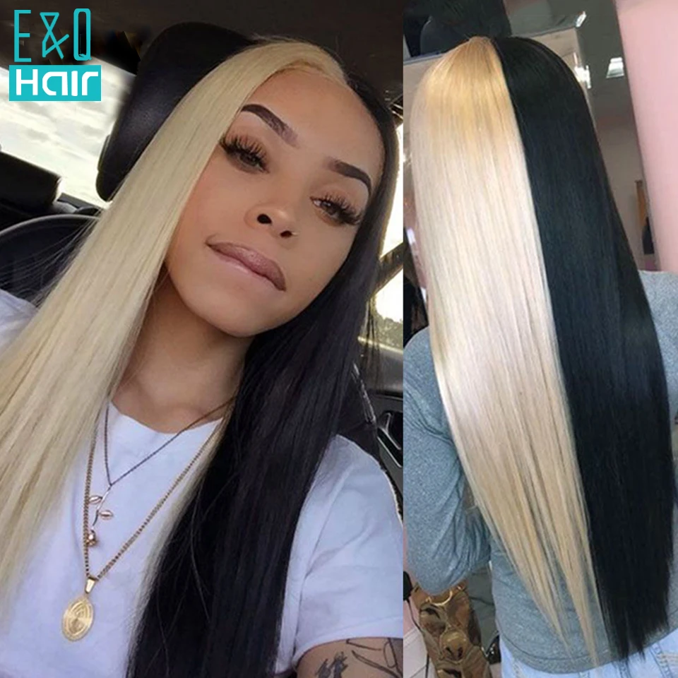 Half Blue Half Blonde Wig Ombre Colored Straight Human Hair Wigs Brazilian Remy Purple Red Colored Wigs For Women Pre Plucked Human Hair Lace Wigs Aliexpress