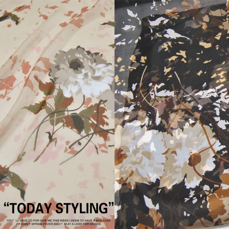 

Silk Chiffon Fabric Dress Large Wide Light Brown Black Flower Real 100% clothing Cloth DIY patchwork