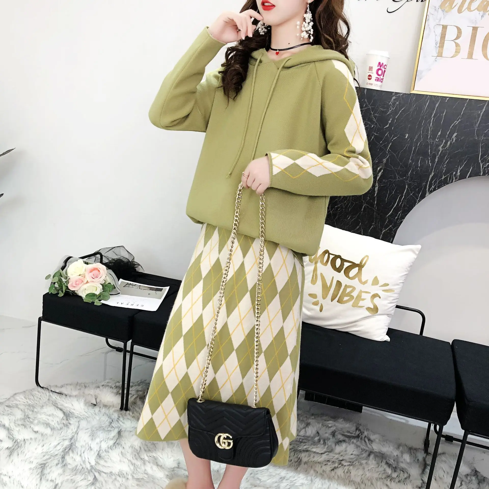 Women Sweater Suit Women Sweater Top With Plaid Sweater Dress 2019 Hot Sell Gentle Hooded Sweaters Women Sweater Sets