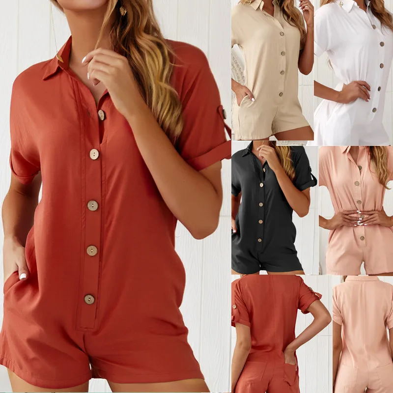 

Shirt Button Jumpsuit Women Summer Casual Solid Color V-neck Pocket Overalls Jumpsuit Short Sleeve Wide Leg Loose Jumpsuit 2020
