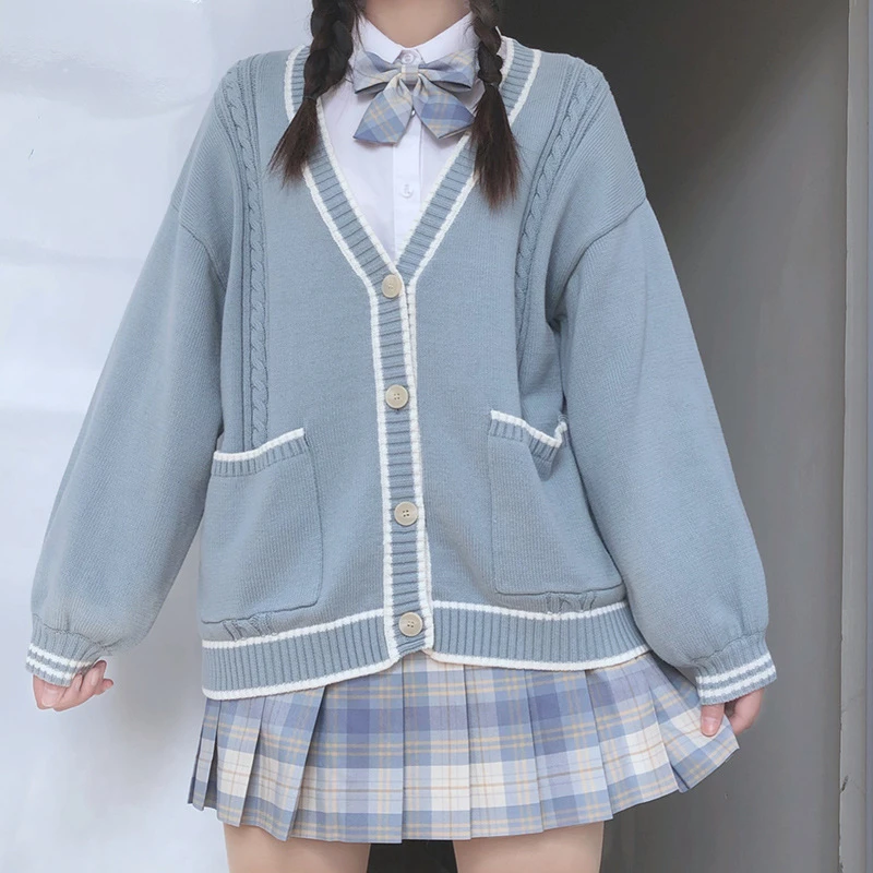 日本の女子高生制服春秋長袖vネックシングルブレストニットセーターjk制服カーディガン多色 School Uniforms Aliexpress