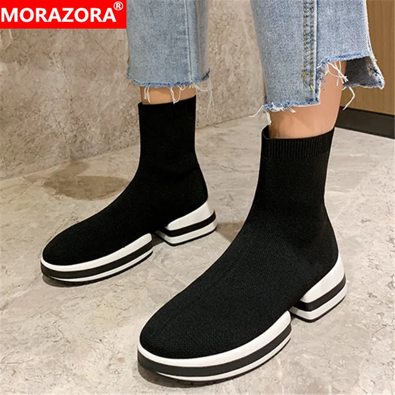

MORAZORA 2020 new arrival women ankle boots print autumn winter stretch boots slip on comfortable flat platform shoes woman