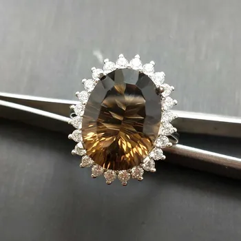 

C-TWO , Trendy classic charming ring with smoky quartz gemstone oval 12 *16 mm sharp silver jewelry ring for girl and women