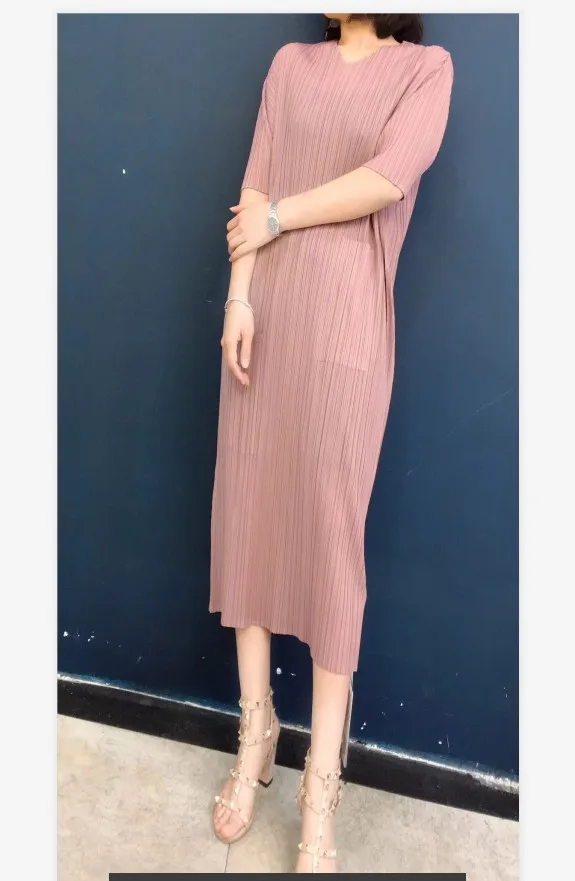 Розовый Горячая модное Miyake складное однотонное платье с коротким рукавом v-образным вырезом и карманами прямое платье - Цвет: Розовый