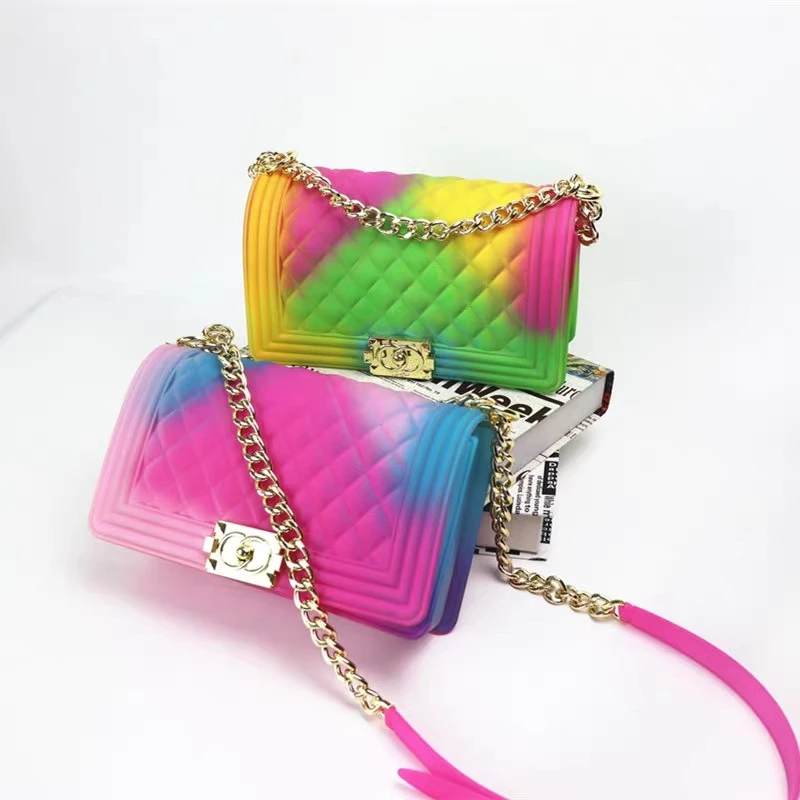 

2019 INS Popular Color Handbags Ladies Shoulder Bag PVC Fashion Handbag luxury color matte diamond jelly package flip chain bag high quality lady wild campus girl Handbag Womens rainbow Messenger Bag small square Bags
