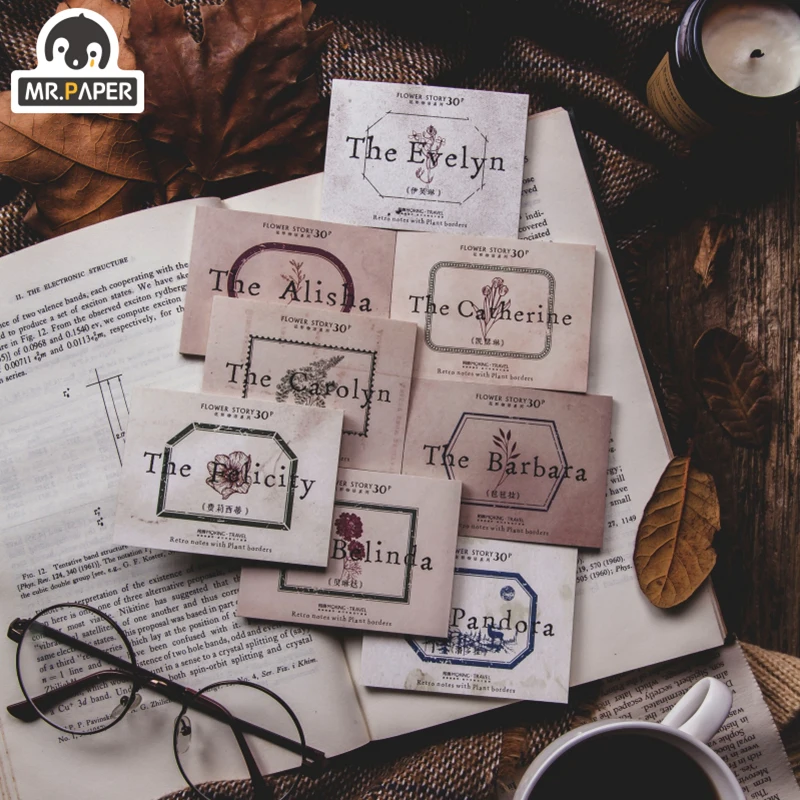 

Mr.Paper 30pcs 8 Designs Retro Series Memo Pads Loose Leaf Notepad Diary Writing School Supply Bookmark Label Memo Stationery