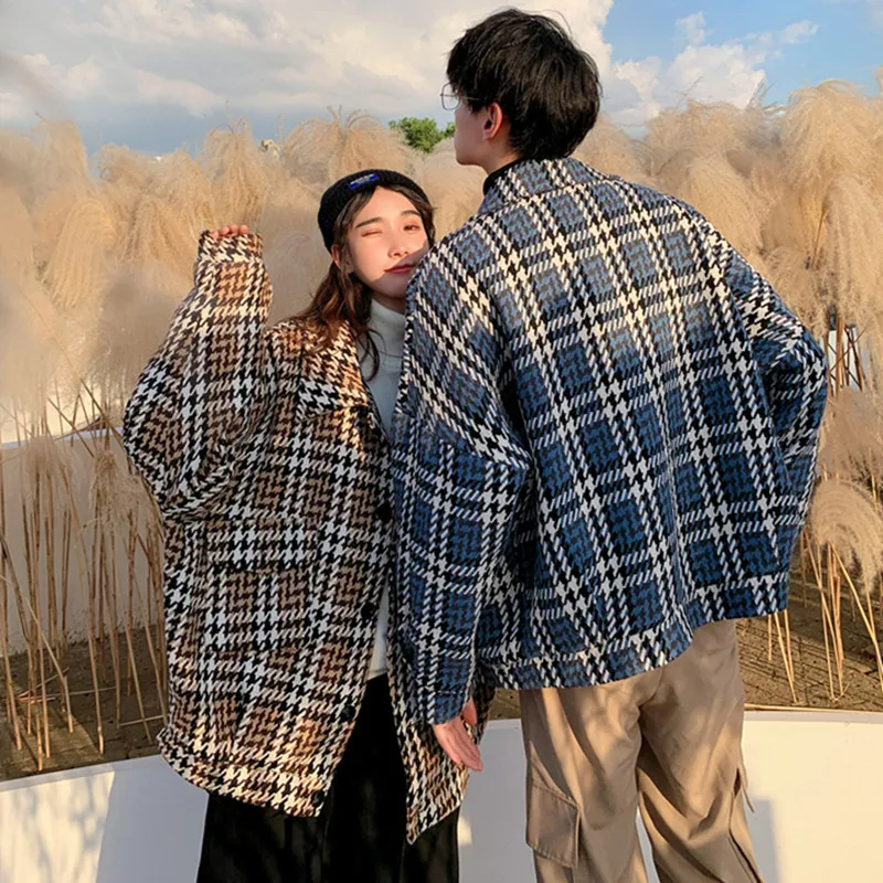 

2020 Autumn winter new Hong wind woolen streetwear Plaid coat men's Thick short section Korean version handsome tide brand