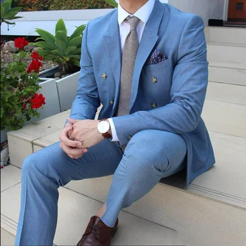 

Sky Blue Peaked Lapel Custom Made Double-breasted Wedding Men Suits Formal Tuxedos Prom Business Slim Fitted Men Clothing Set