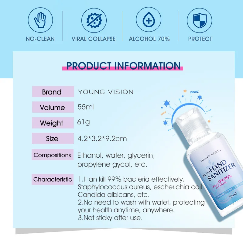 55ml Hand Gel Sanitizer Hand Gel Portable DHL Out-door Antibacterial Hand Cleaning Moisturizing Travel Disposable No Clean