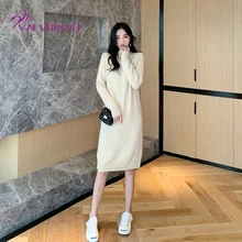 

New Woman Knit Sweater Winter Plus Velvet Warm Sweater Long Round Neck Pullover Dress High Quality Solid Color Bottoming Shirt