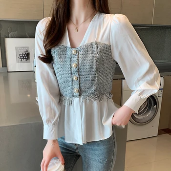 

French plaid shirt slim fit v neck chiffon long sleeve white blouses Plus size women ladies elegant vintage tops women shirts