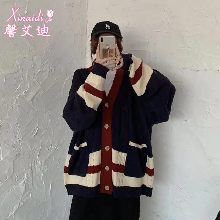 

New twist stitching long sleeve sweater coat for women autumn and winter new student Korean loose sweater cardigan coat