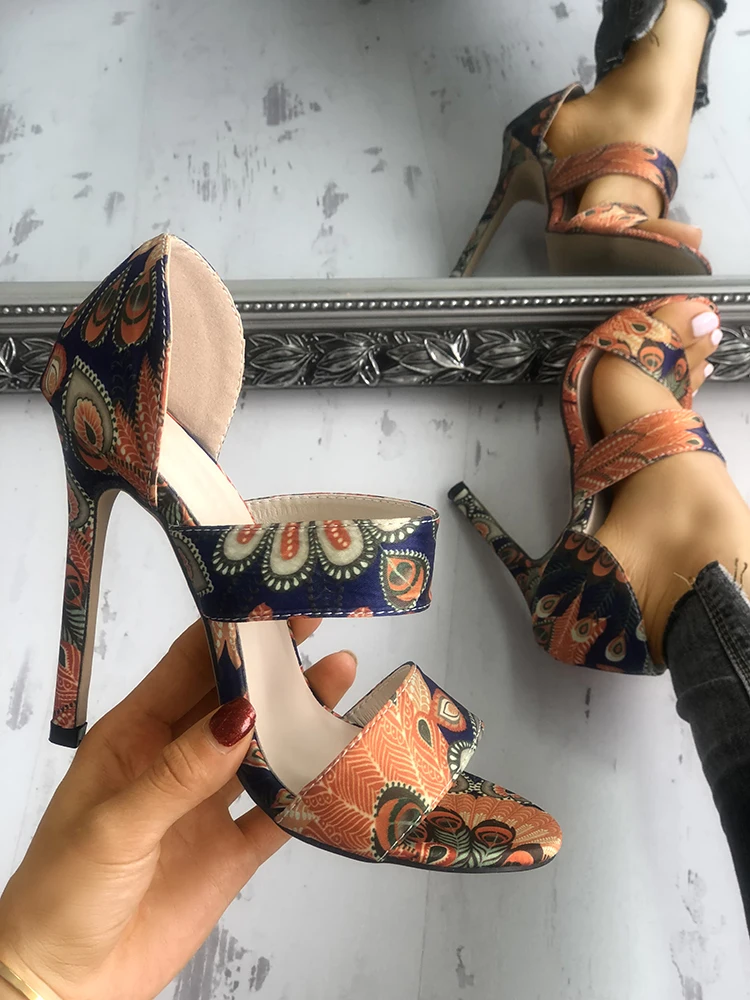 

Summer Women High Heels Shoes Fashion Luxury Closed Toe Sandal Peacock Feather Print Heel Sandals