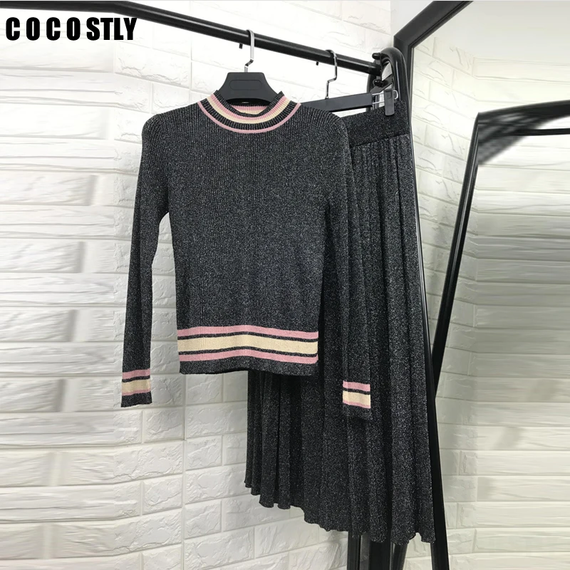 

Women Fashion Knitted Two 2 Piece Sets Women Autumn Short Sleeve Tops and Pleated Midi Skirts Set Black Suits matching sets