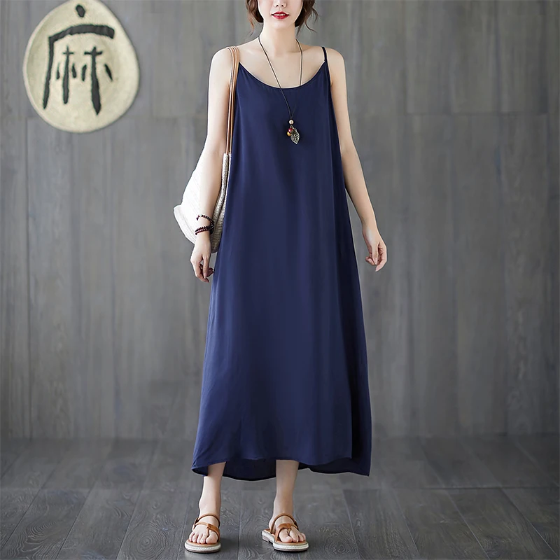

#3260 Summer Sleeveless Spaghetti Strap Dresses Women A-line Dress Ladies Solid Color O Neck Sexy Loose Midi Dresses Female