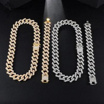 

Hip Hop 1 Set 19MM Gold Color Heavy Full Iced Out Paved Rhinestones Cuban Chain CZ Bling Rapper Necklaces Bracelet Men Jewelry