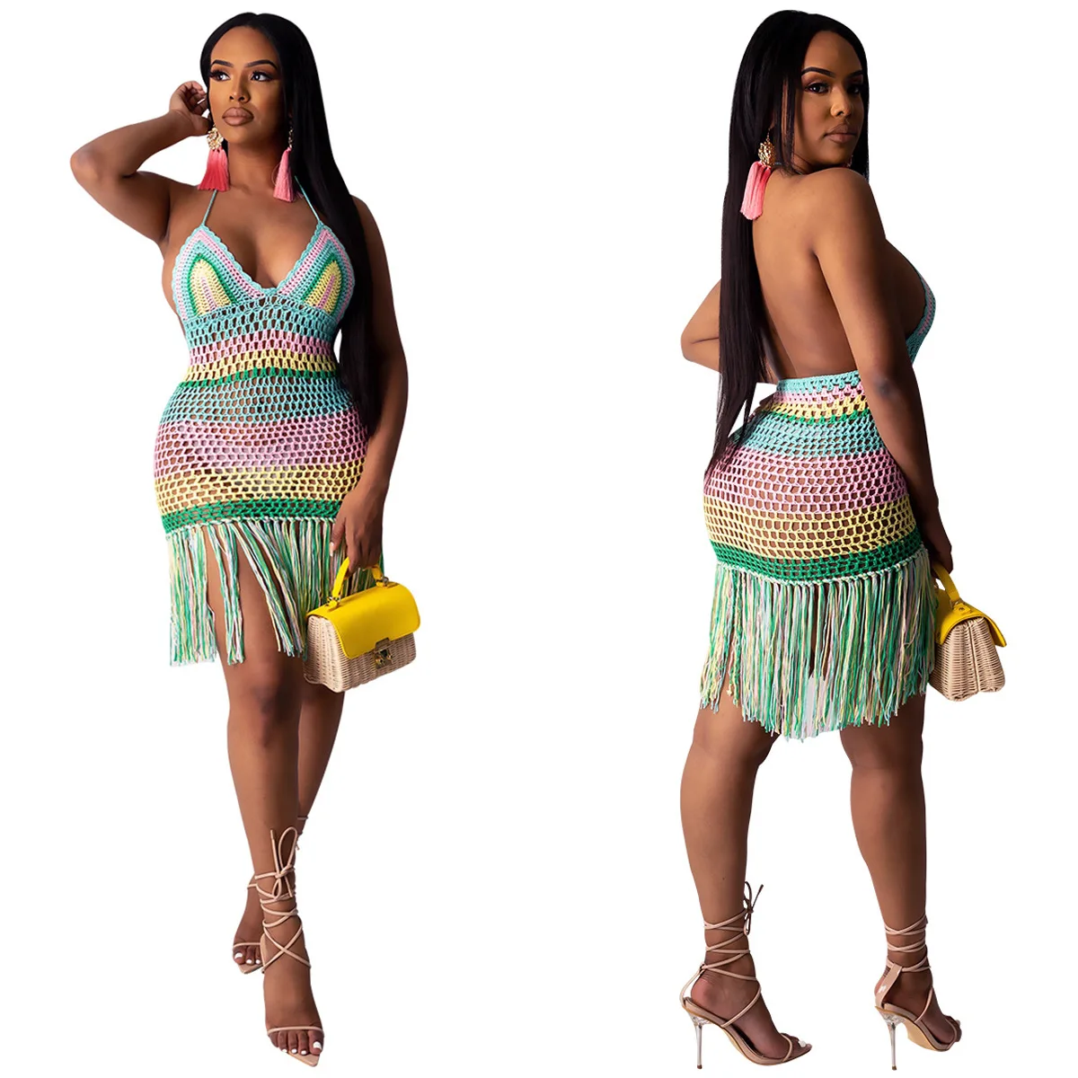 

Sexy Knit Dress Women Party Multi Color Stripes Halter Hollow Out Handmade Crocheting Tassel Lady Beach Holiday Vestidos Clothes