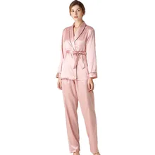 

Women's Simulated Silk Popular Pajamas Long Sleeved Trousers Lapel High-end Home Clothes Solid Color Lace Up Two-Pice Set 2022