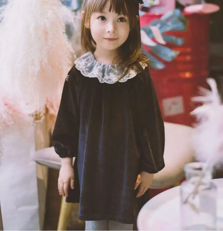 

Princess dress 2019 autumn black Girls velvet lace Dresses fashion high-grade children Long sleeve dress
