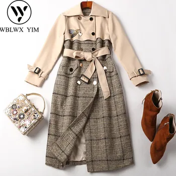 

Winter Coat Women Fashion Patchwork Plaid Wool blend Long Coat Autumn New Single Breasted Thick Warm Woolen Overcoat Female