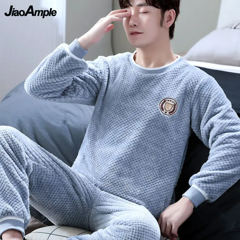 Men's Pajamas Autumn Winter Flannel O-Neck Cute Pijamas Set New Warm Cartoon Long Sleeve Trousers Two-piece Suit