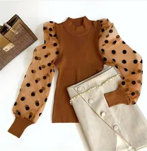 Women's Ladies Fine Ribbed Spotted Polka Dots Mesh Puff Sleeve  Top Long-sleeve T-shirts