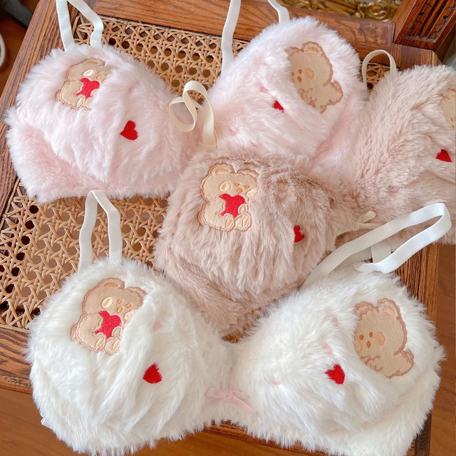 New lolita cute sweet plush bear print bra and panty set winter pure desire  students without