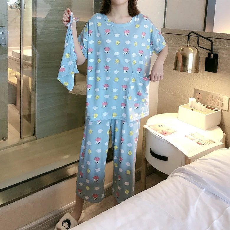 

Cloth Bag Pajamas Female Summer Short Sleeve Trousers Blue Cow M -Xxl Selfie Original