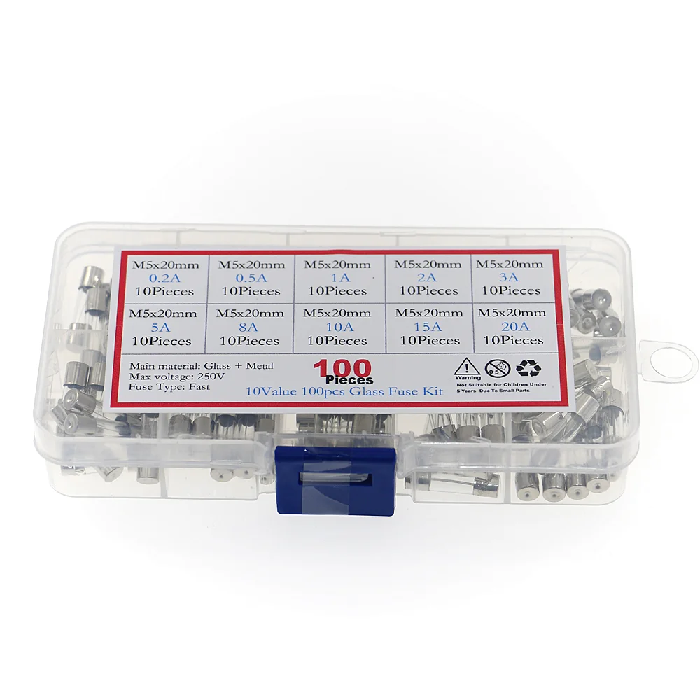 Mini Fuse Kit 100Pcs/Box 5x20mm Fast-blow Glass Fuse Assorted Kit 0.2A 0.5A 1A 2A 3A 5A 8A 10A 15A 20A Amp Fuses Electrical Fuse Tube Mix Set