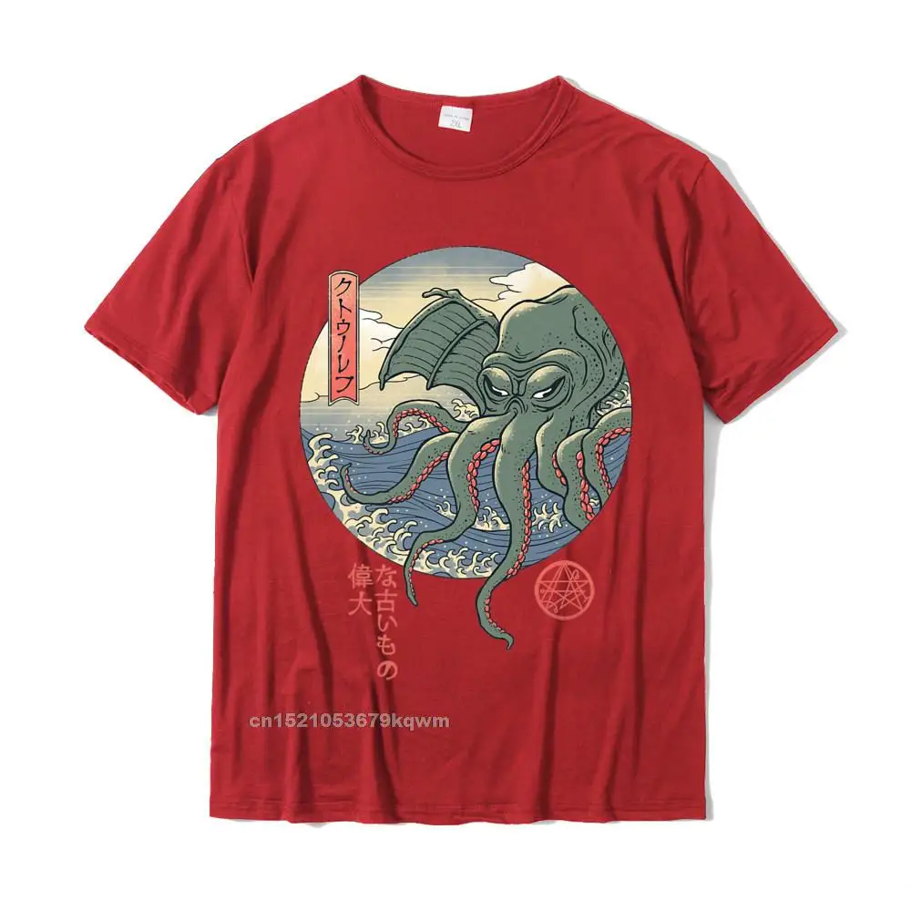 Cthulhu Ukiyo-e Premium T-Shirt__3232 Short Sleeve Tees Crew Neck All Cotton Men T-shirts Normal Tee-Shirts Dominant Cthulhu Ukiyo-e Premium T-Shirt__3232 red