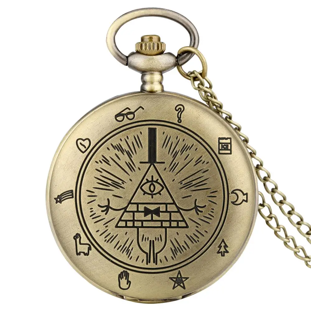 Vintage Bronze Cute Pyramid Pattern Quartz Pocket Watch Necklace Chain Eye of Providence Free-Mason Men Fob Watches Kids Gift
