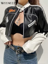 

Weekeek Streetwear PU Cropped Jacket Letter Embroidery Punk Style Patchwork Jackets For Women Harajuku Dark Academia Basic Coats