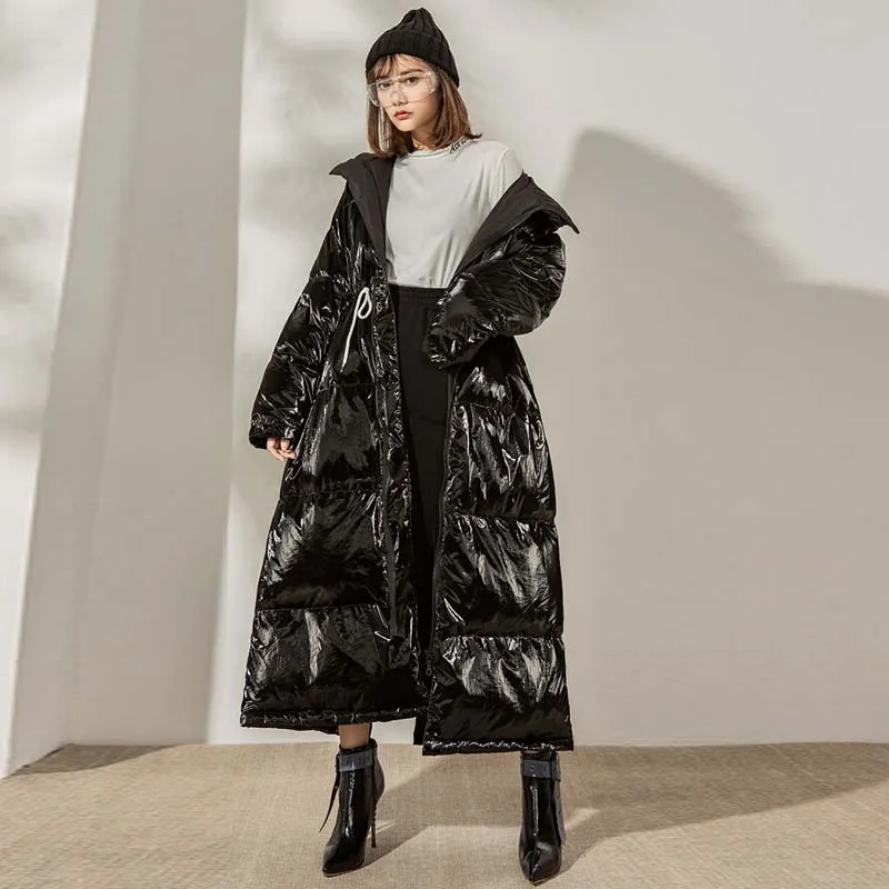 Autumn Winter Women Long Down jacket Large size Loose Hooded Female Outwear Thick warm 90% White duck down coat Chic INKEO 9O099