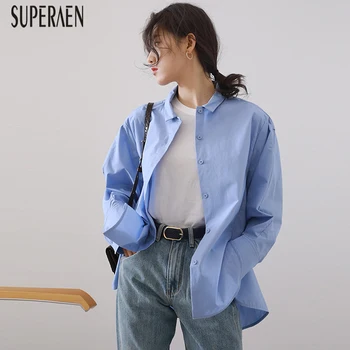 

SuperAen Sweet Fashion Shirt Women Solid Color Cotton Wild Ladies Blouses and Tops Spring New 2020 Casual Women Clothing