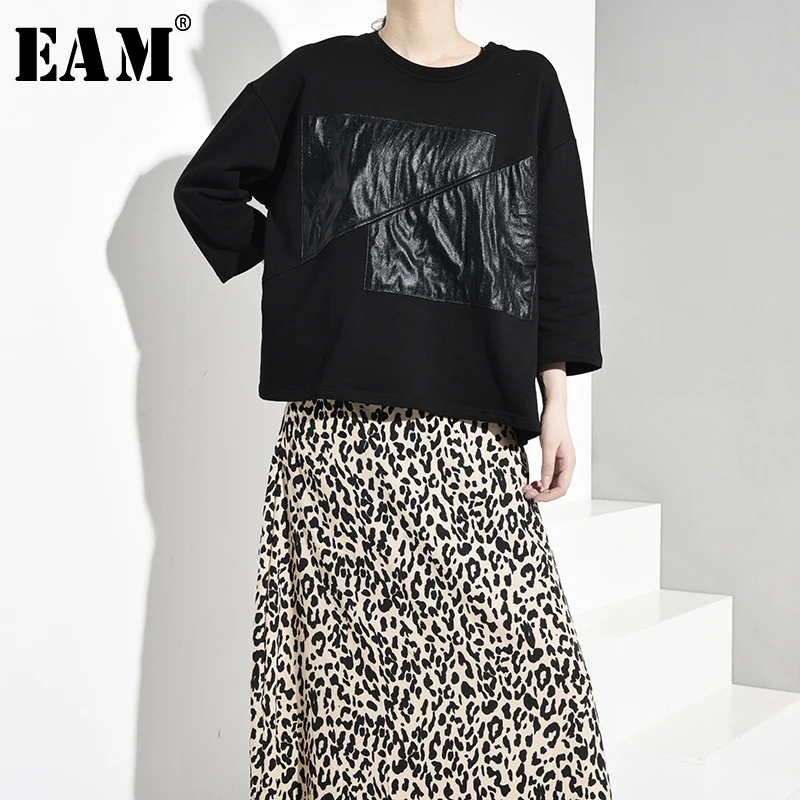 

[EAM] Women Asymmetrical Black Split Joint Loose Big Size T-shirt New Round Neck Long Sleeve Fashion Spring Autumn 2019 JR5740