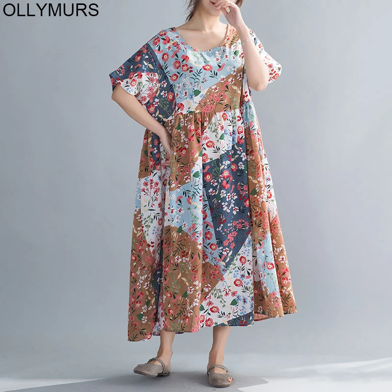 

2020 Summer Stitching Floral Chinese National Style Women'S Dresses Style Cotton Linen Loose Large Size Women'S Dresses 4XL 5XL