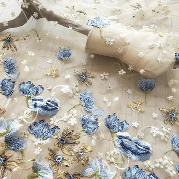 

High Quality African Embroidery Blue Floral Lace Fabric French Net Embroidered Tulle Lace Fabric For Nigerian Wedding Prom Dress